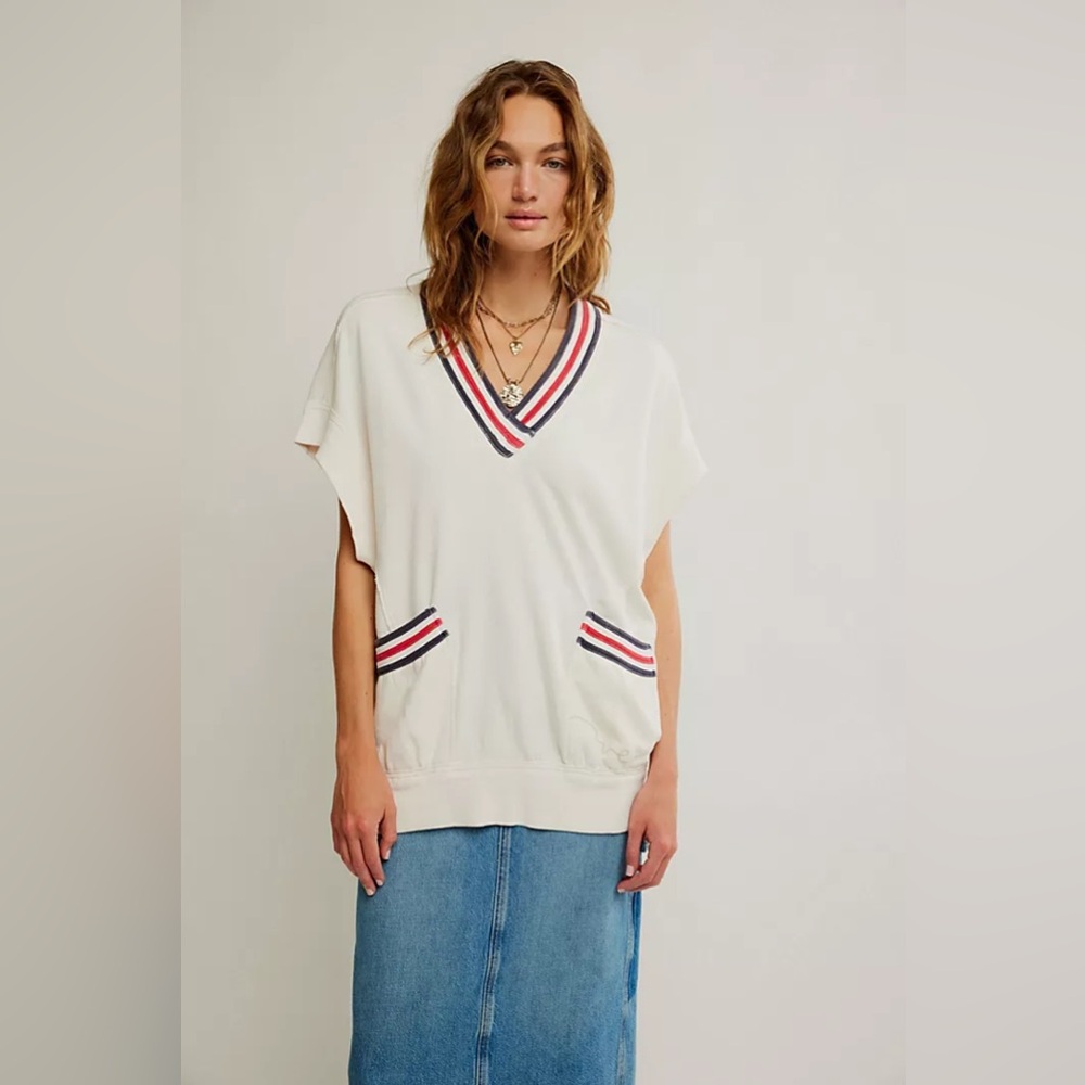 Free People x We The Free White Ivy Pullover Patriotic Sweatshirt Vest Tunic S
